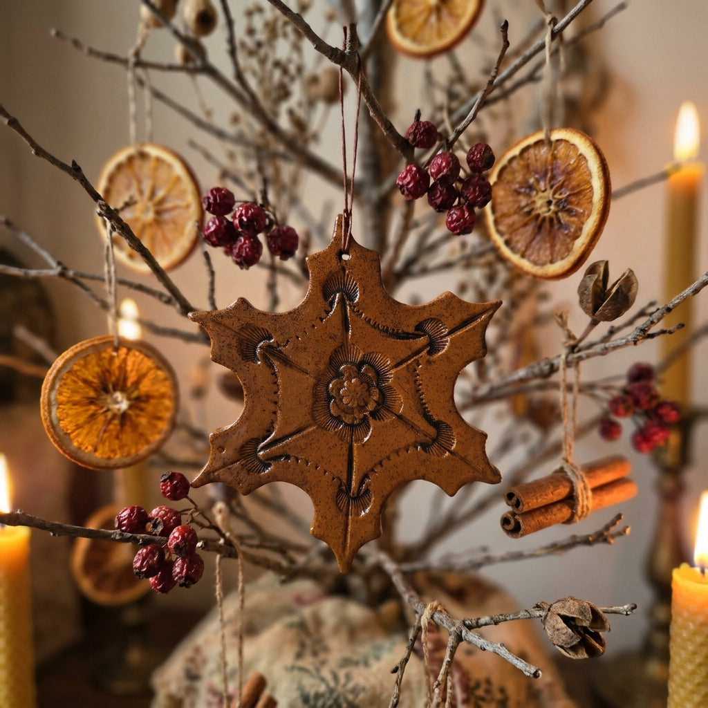 Six-pointed redware snowflake ornament with curved edges, a glossy brown glaze, stamped floral details, and a hanging cord.