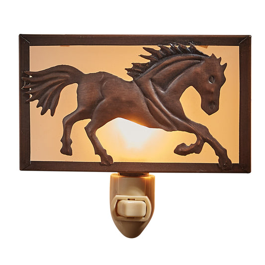 A night light featuring a running horse design, with a wooden background and a softly lit horse silhouette.