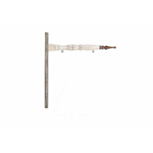 A rustic barn board arrow holder with a vertical board and a horizontal piece to which hooks are attached, against a white background.