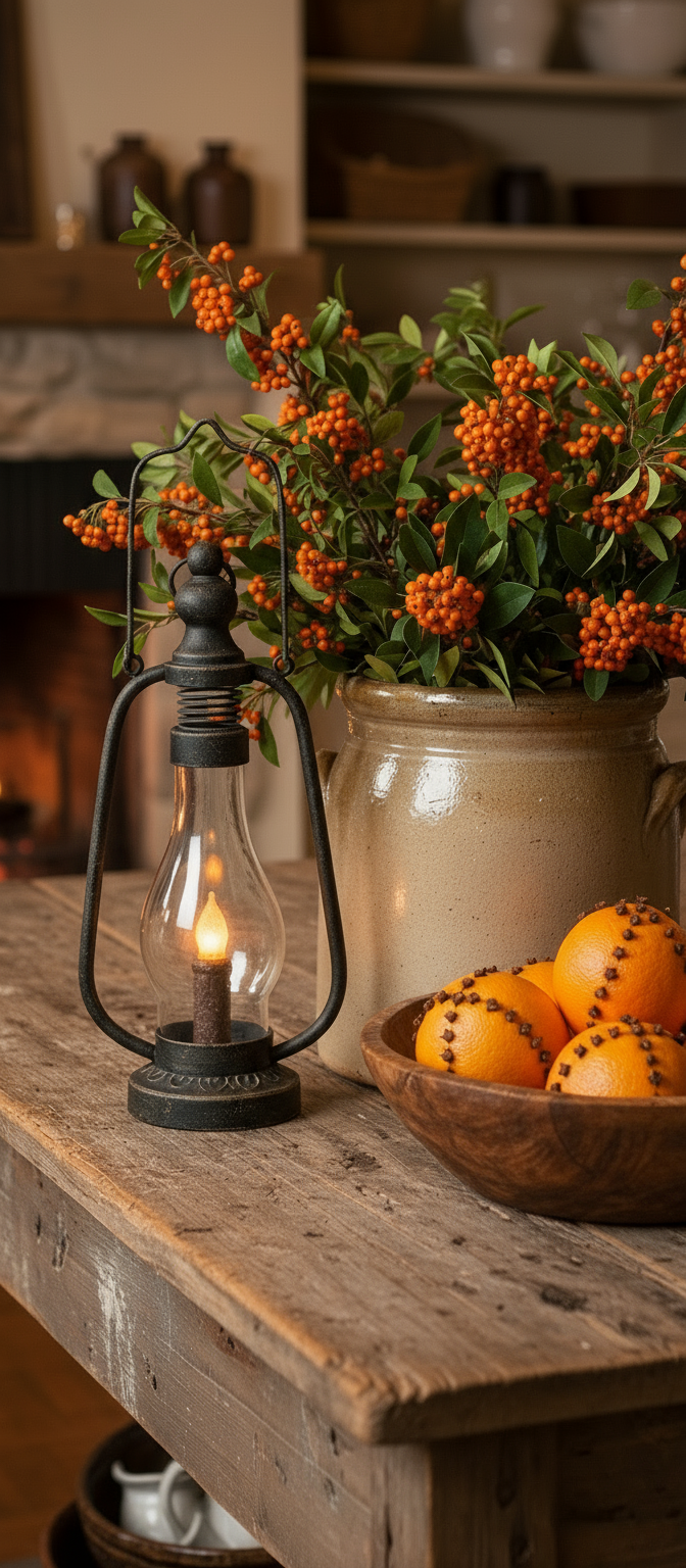 Decorative lantern with a lit bulb on a wooden surface, surrounded by potted plants and oranges.