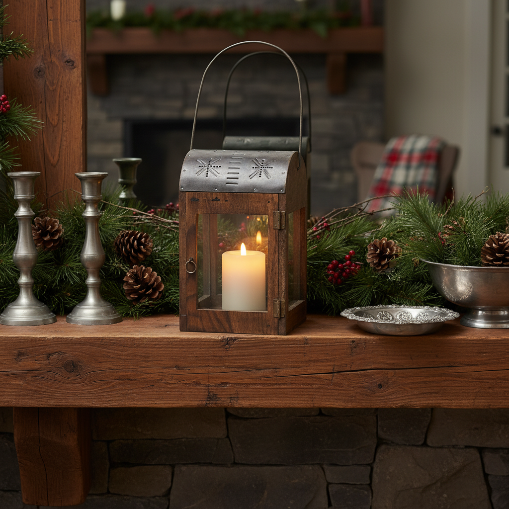 Wooden lantern with a lit candle on a rustic wooden surface with Christmas decorations.