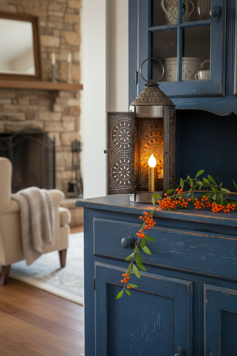 A lit metal lantern with a candle-style flame sits on a distressed blue cabinet in a cozy living room setting with a fireplace, armchair, and holiday berries.