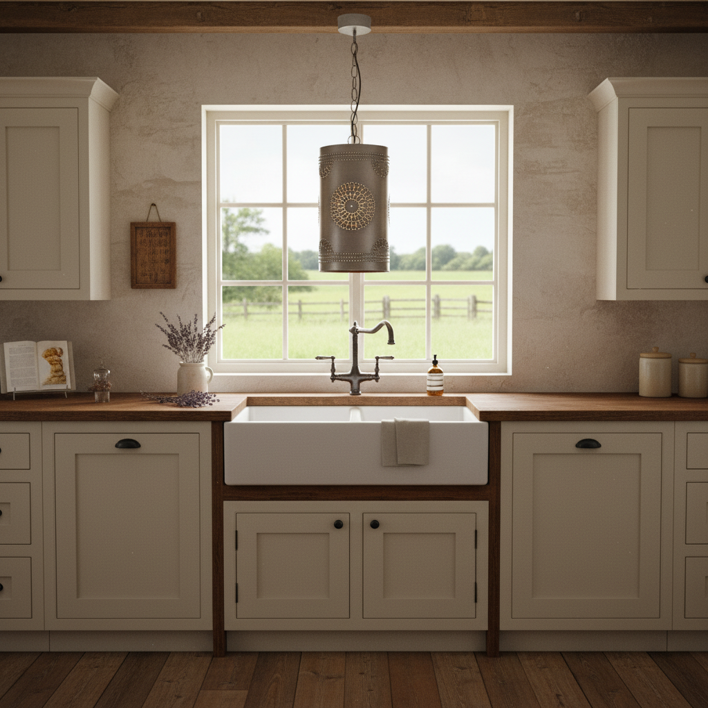 Modern kitchen with a large window, wooden countertops, and white cabinets.
