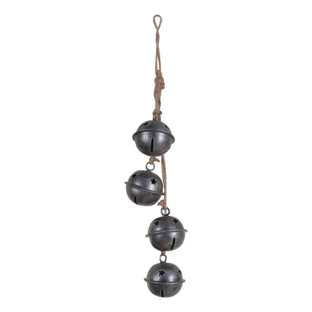 Rustic hanging jingle bells on jute in antique silver