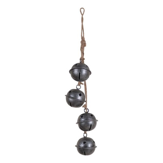 Rustic hanging jingle bells on jute in antique silver