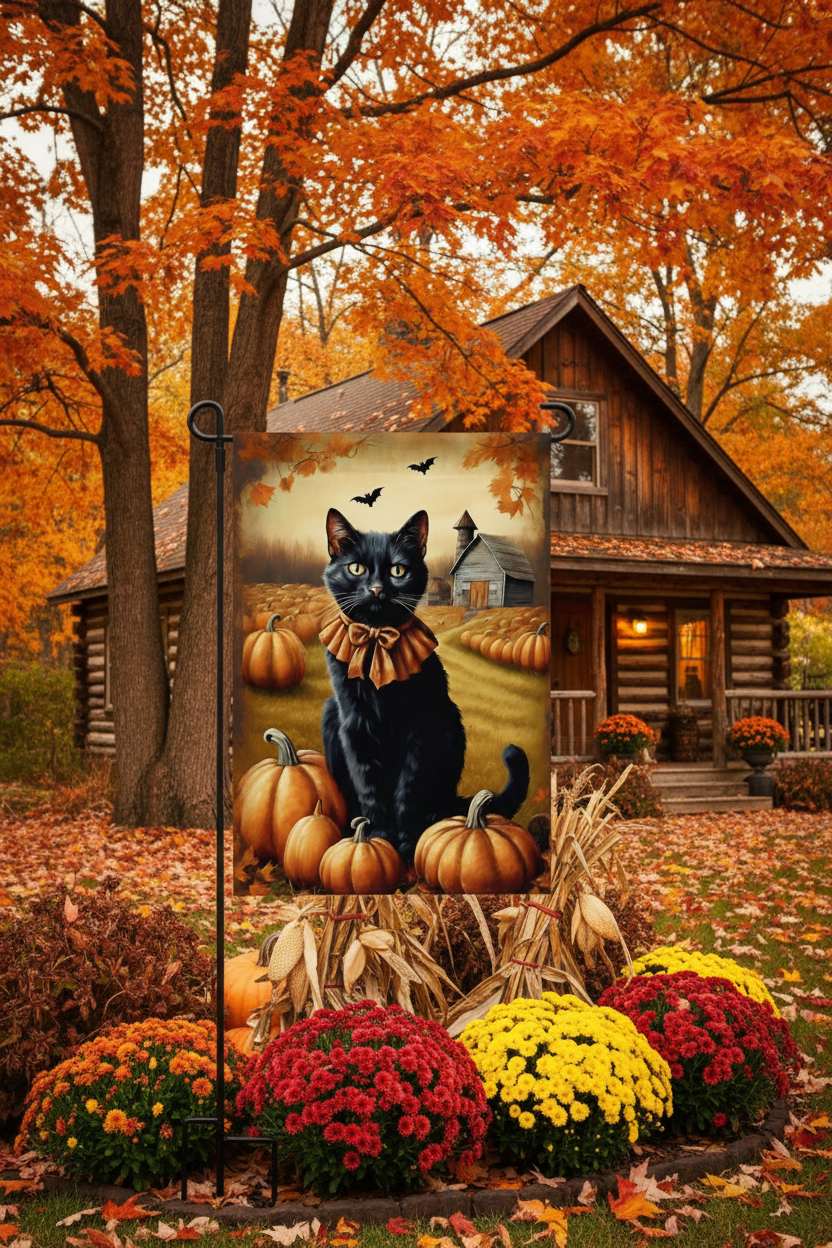A vertical garden flag featuring a black cat wearing a brown bow tie and surrounded by pumpkins, displayed on a metal stand in a decorated autumn yard in front of a rustic cabin with orange foliage.