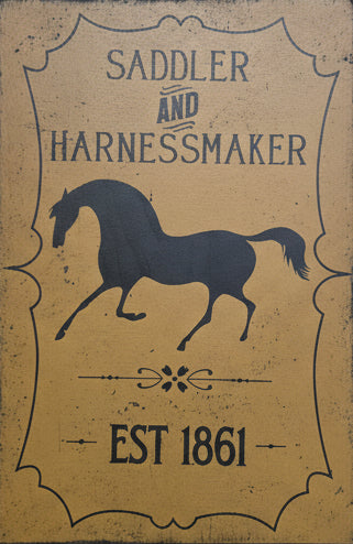 Vintage-style sign with horse silhouette and text on a wooden background