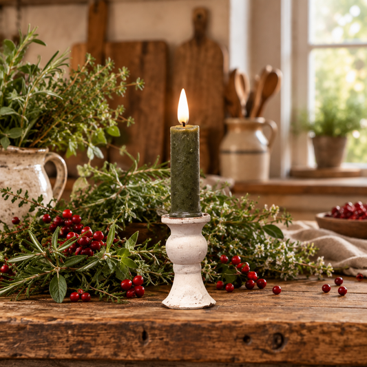 A lit dark green candle in a distressed white candlestick holder, styled on a rustic wooden table with fresh green herbs and red berries in a warm, softly blurred kitchen setting.