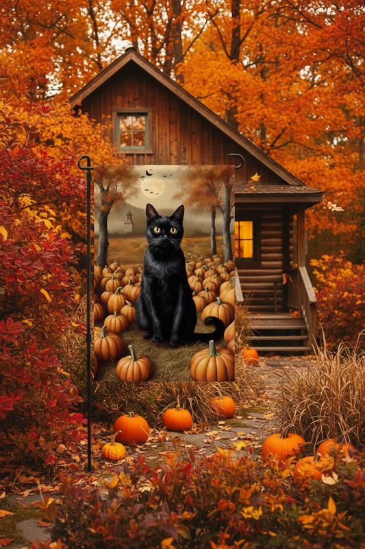 Black cat garden flag in front of a log cabin in Fall.
