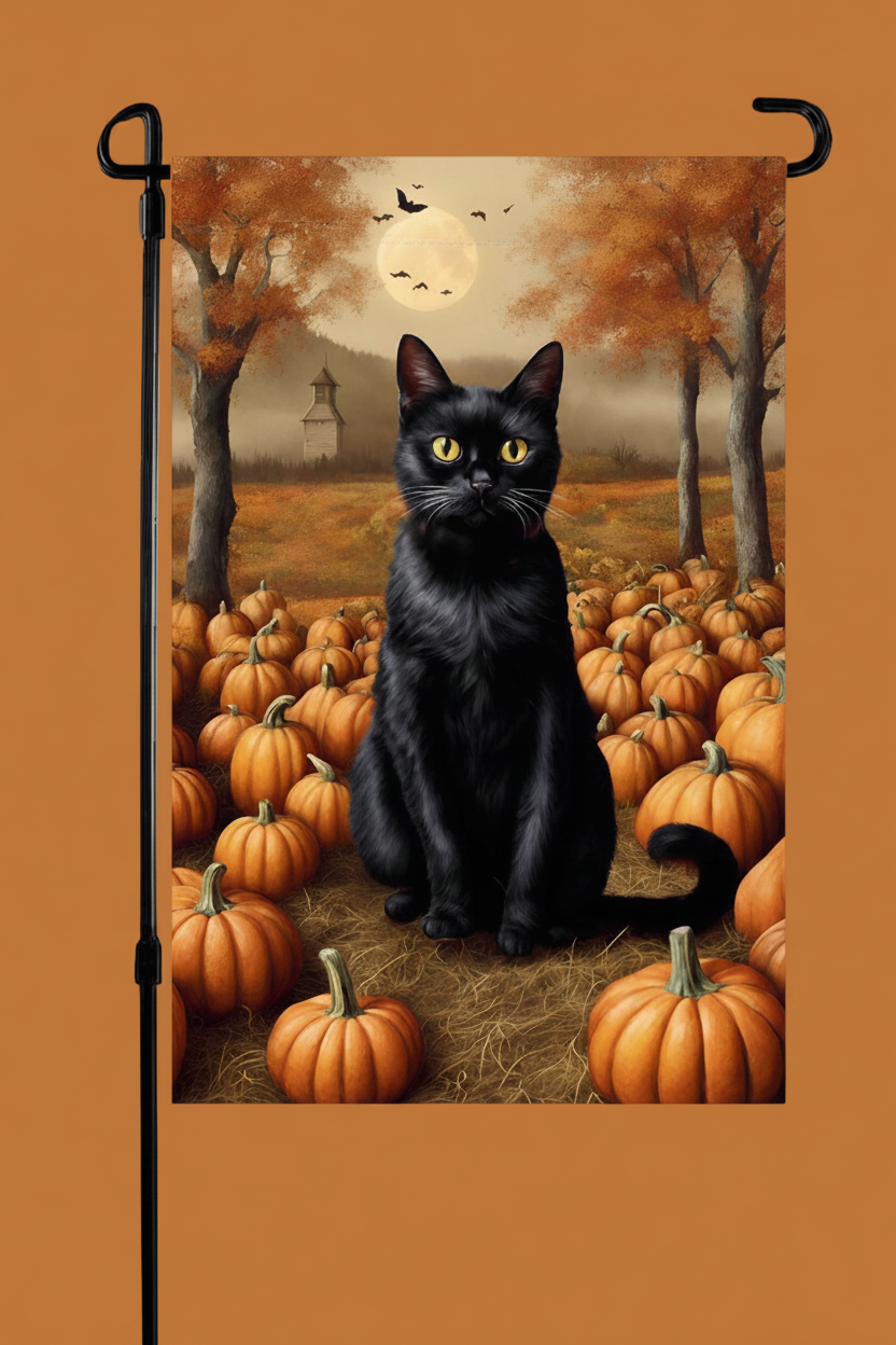 Decorative flag with a black cat and pumpkins, featuring the brand 'Homestead'.