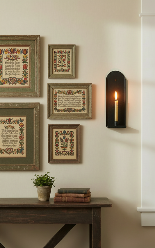 Decorative wall with framed text art and a candle holder, featuring a wooden table with books and a plant.