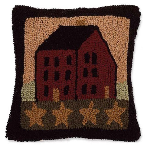 Primitive hooked pillow with saltbox house and stars at the bottom