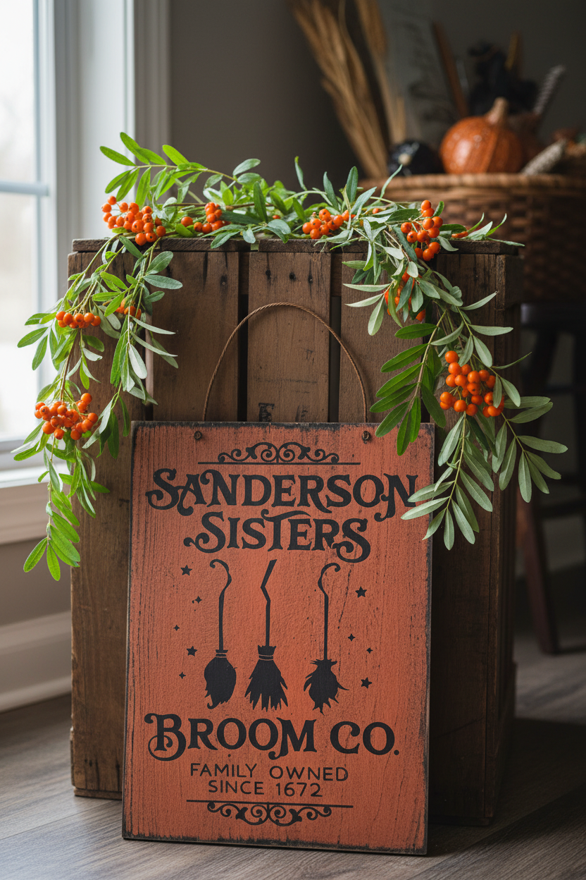 Fall sign in front of crate with fresh bittersweet