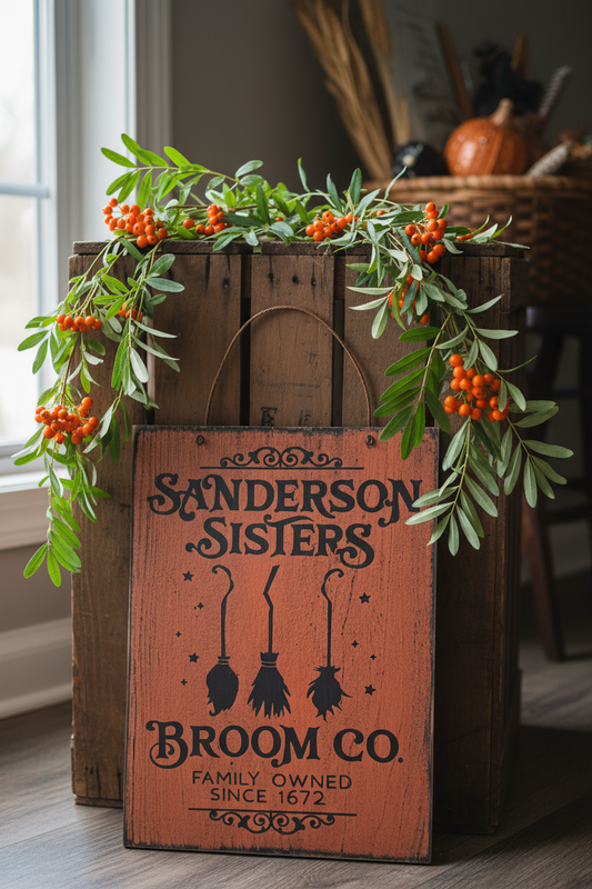 Fall sign in front of crate with fresh bittersweet