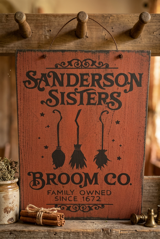 Sanderson sisters broom company primitive wooden sign hanging from peg shelf.