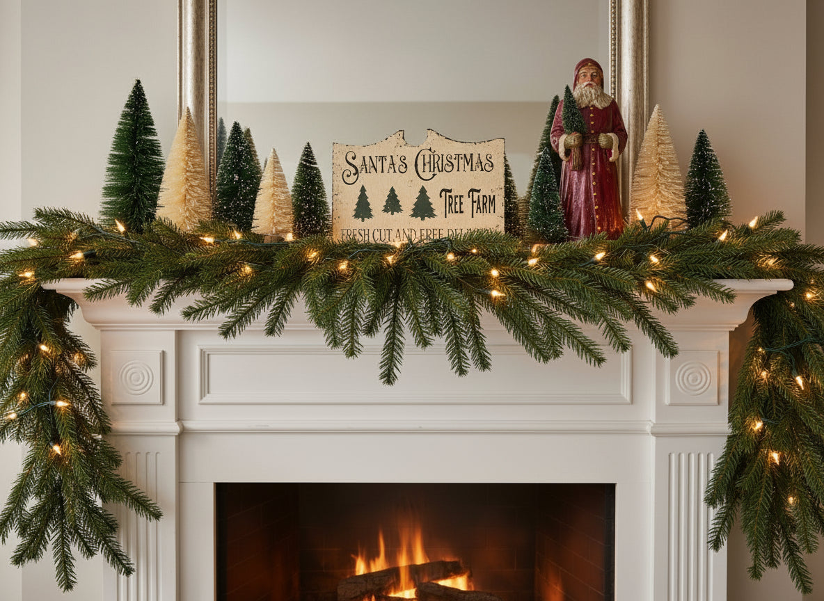 Decorative Christmas mantel with garland, trees, and a sign above a fireplace.