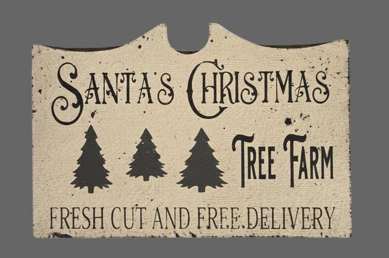 Decorative sign with 'Santa's Christmas Tree Farm' text and tree illustrations on a textured background.