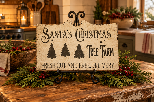 A rustic decorative sign reading “Santa’s Christmas Tree Farm” with three tree silhouettes and the text “Fresh Cut and Free Delivery,” displayed on a black metal stand on a wooden table with holiday greenery and berries in a warmly lit kitchen setting.