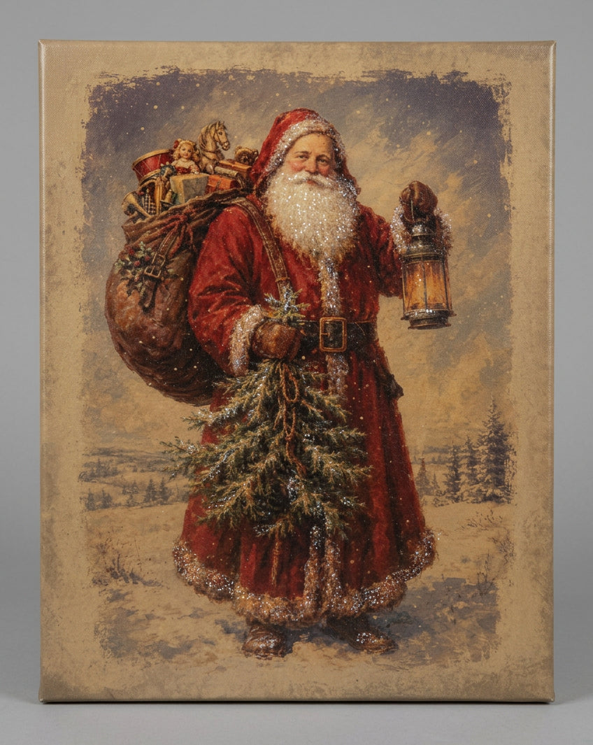 Vintage-style canvas print of Santa in a red coat holding a glowing lantern and small evergreen tree, with a sack of toys on his back.