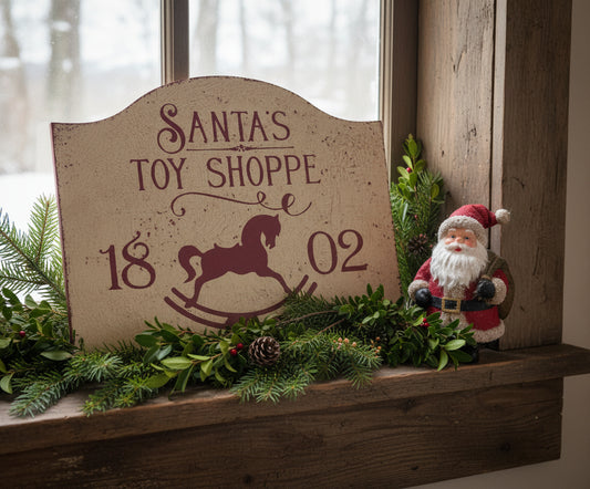 Santa's Toy Shoppe Sign in rustic window with greens and a Santa figurine.
