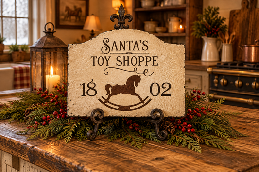 A rustic decorative sign reading “Santa’s Toy Shoppe 18 02” with a rocking horse illustration, displayed on a wooden countertop in a cozy kitchen setting with candles, greenery, and red berries.