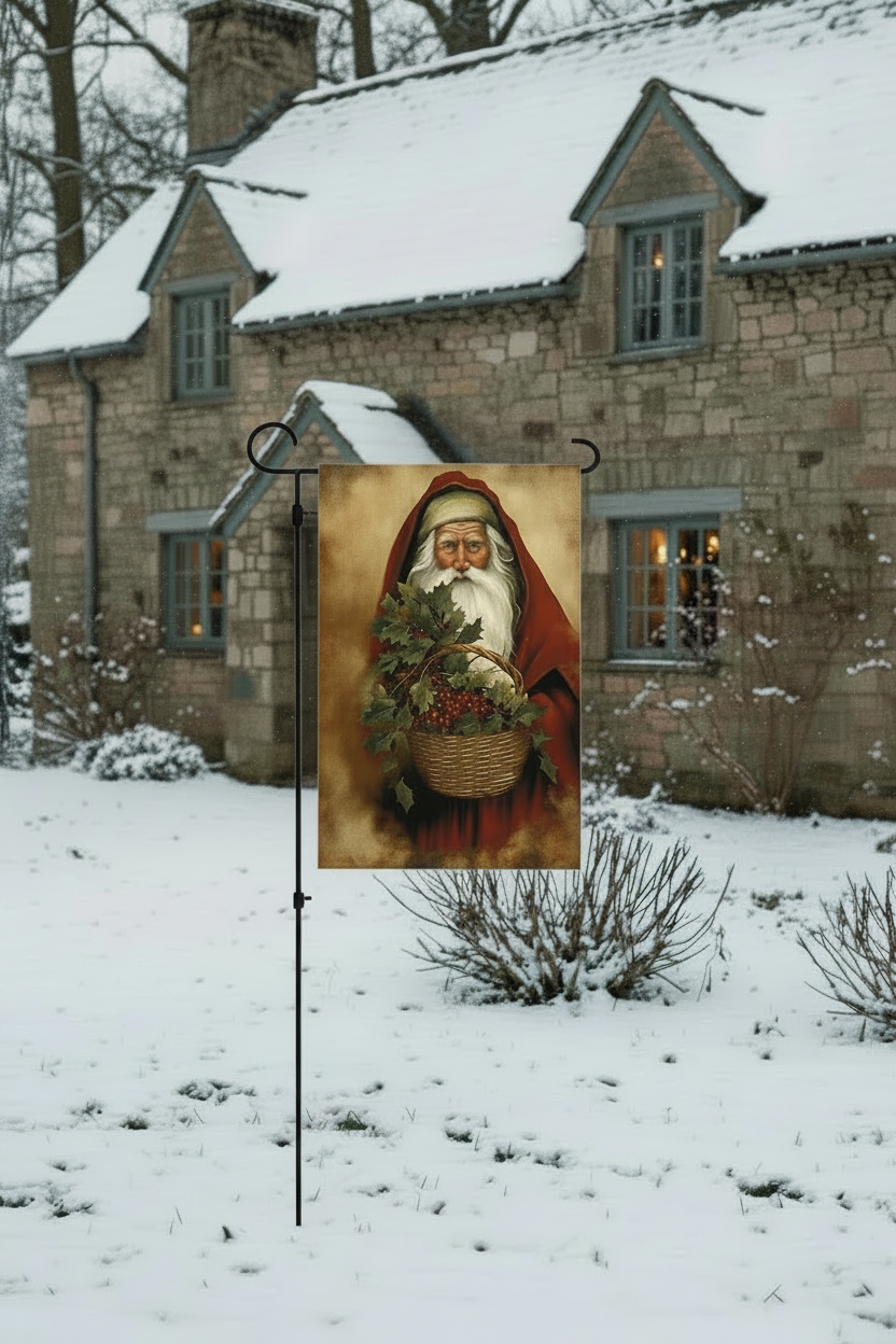 A vertical garden flag featuring a classic painting of Santa Claus in a red cloak holding a basket of mistletoe, displayed on a black metal stand in a snowy front yard with a stone house in the background.