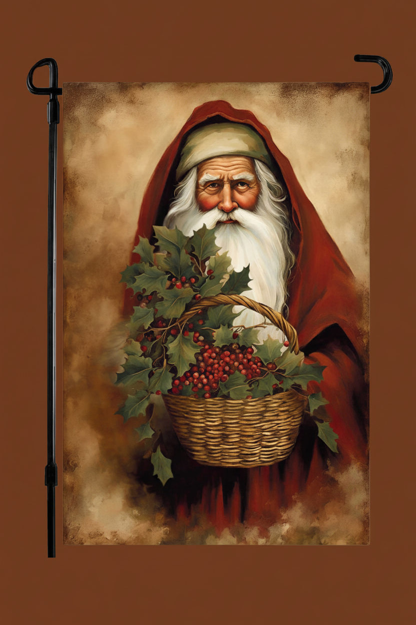 A vertical garden flag featuring a painted portrait of Santa Claus in a red robe holding a basket of holly and red berries, shown hanging from a black metal stand against a solid brown background.