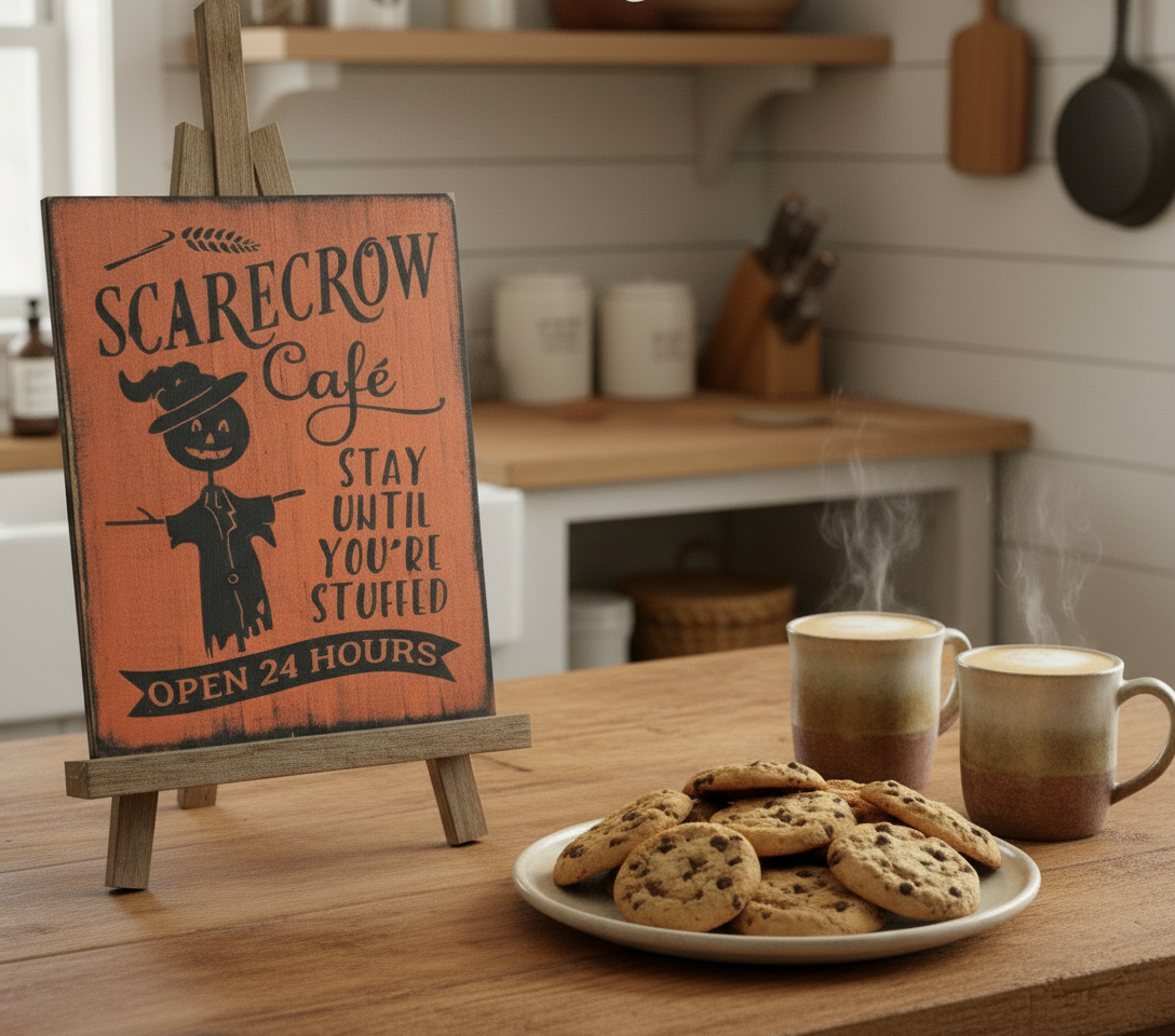 Scarecrow Café sign on a wooden stand with cookies and mugs on a table.