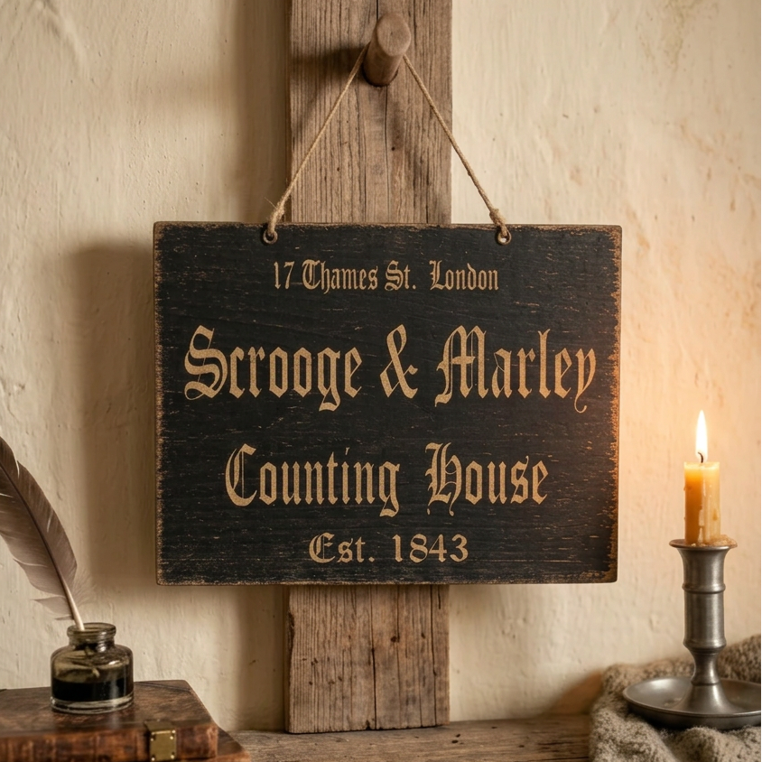 Scrooge and Marley Counting House primitive wood sign hanging from peg.