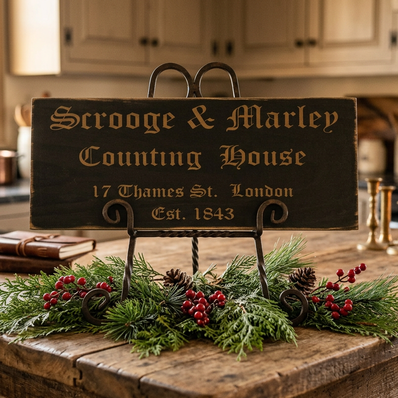 Wood sign on iron easel on a kitchen table with a Scrooge and Marley theme.