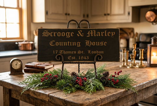 Wood sign on iron easel on a kitchen table with a Scrooge and Marley theme.