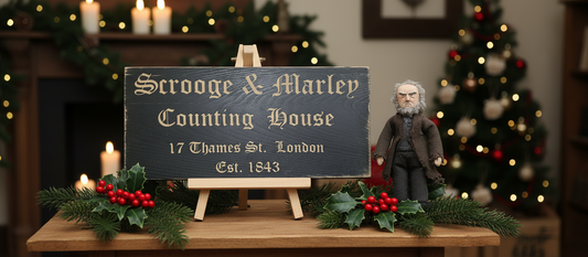 Decorative setup with a signboard labeled 'Scrooge & Marley Counting House' and a figurine in a festive setting.