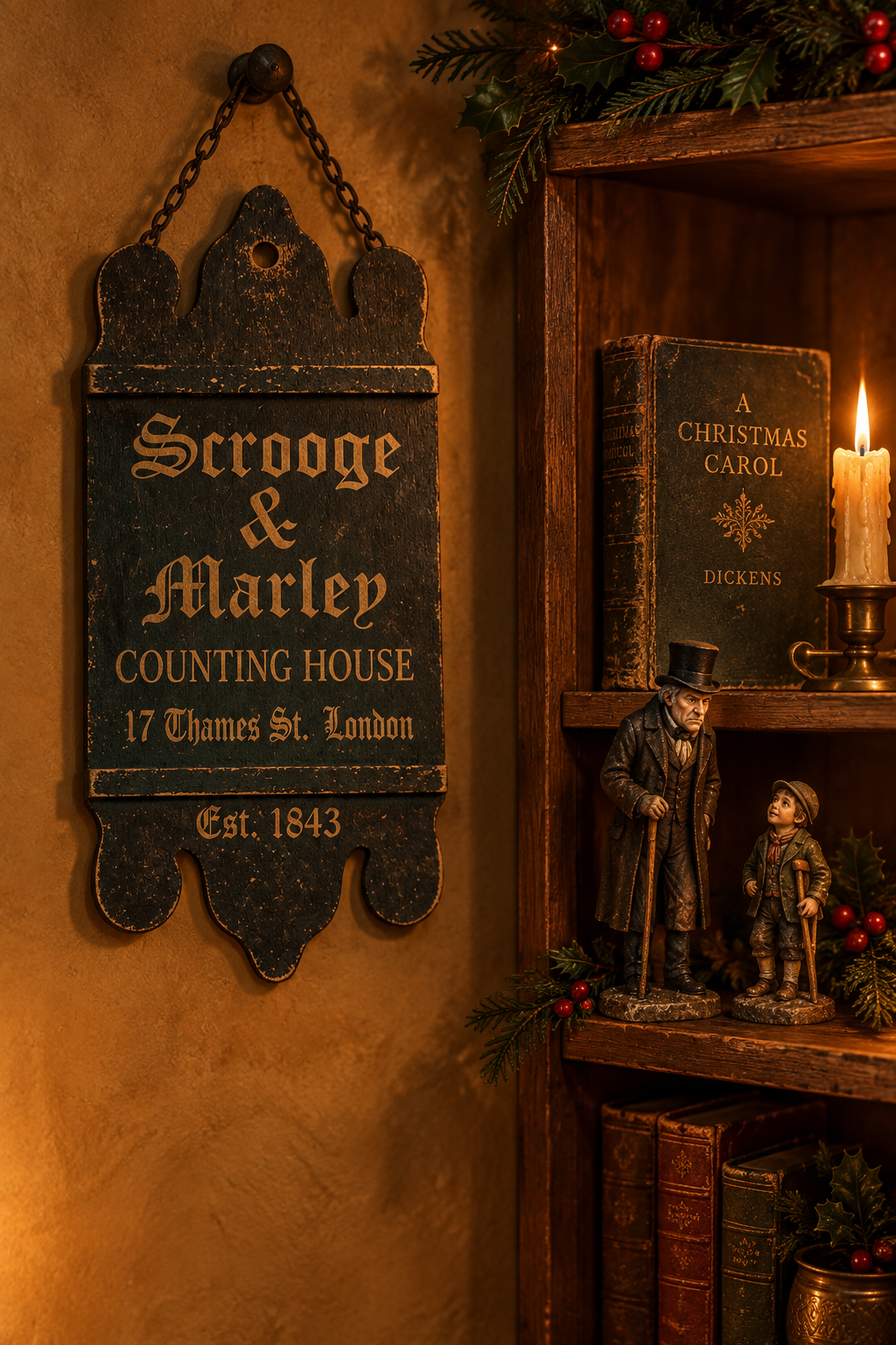 Scrooge & Marley wood sign next to a shelf with A Christmas Carol and a candle.