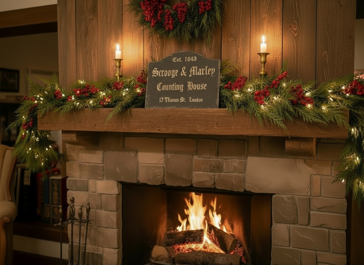 Decorated fireplace with garland, candles, and a sign on a wooden mantel.
