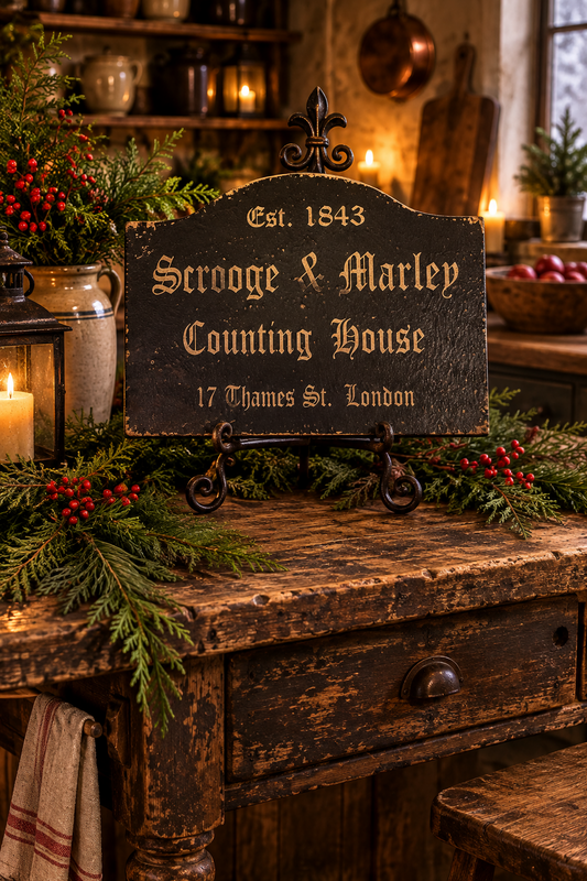 A rustic black wooden sign with gold lettering reading 'Est. 1843 Scrooge & Marley Counting House 17 Thames St.