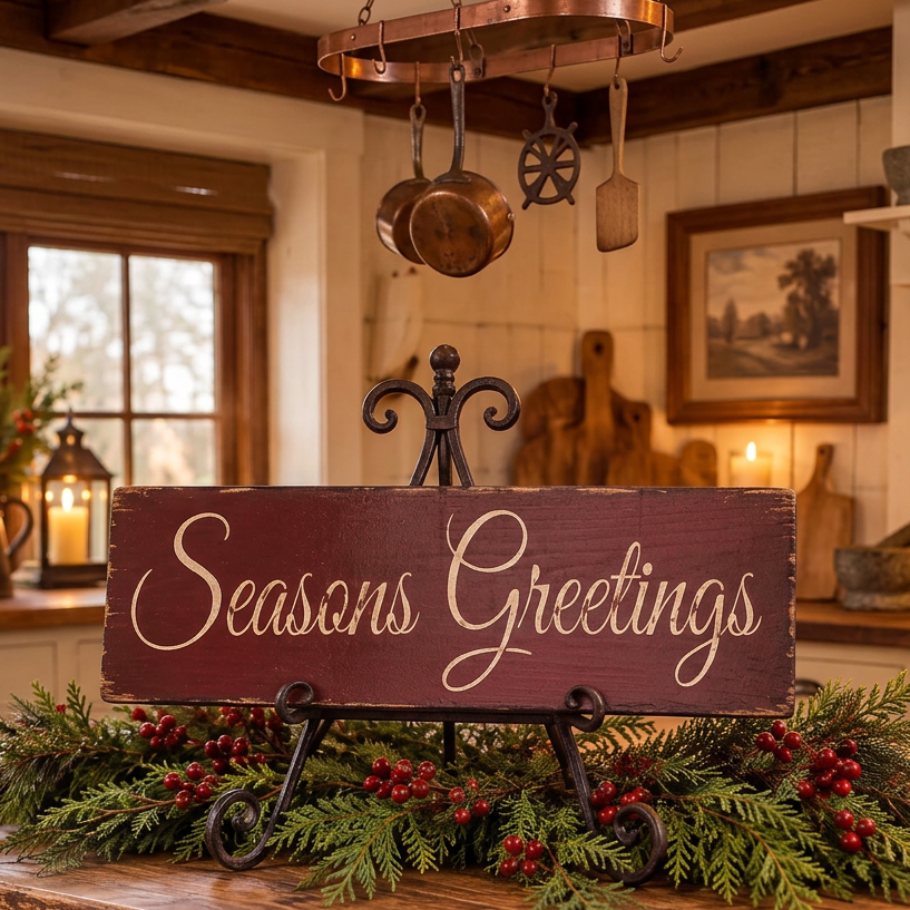 A rustic wooden sign reading 'Seasons Greetings' in cream script, displayed on a black metal easel stand. The sign is decorated with green pine garland and red berries on a wooden kitchen counter, with a warm, cozy kitchen background.