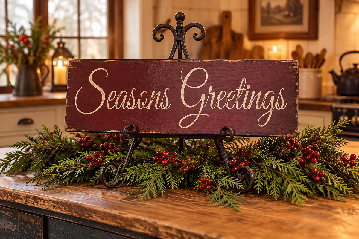A rustic wooden sign reading 'Seasons Greetings' in cream script, displayed on a black metal easel stand. The sign is decorated with green pine garland and red berries on a wooden kitchen counter, with a warm, cozy kitchen background.