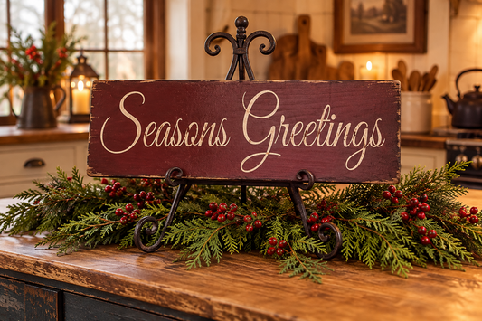 A rustic wooden sign reading 'Seasons Greetings' in cream script, displayed on a black metal easel stand. The sign is decorated with green pine garland and red berries on a wooden kitchen counter, with a warm, cozy kitchen background.
