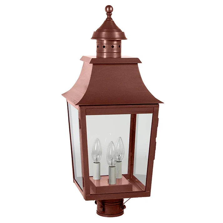 Decorative outdoor lamp with copper finish on a white background