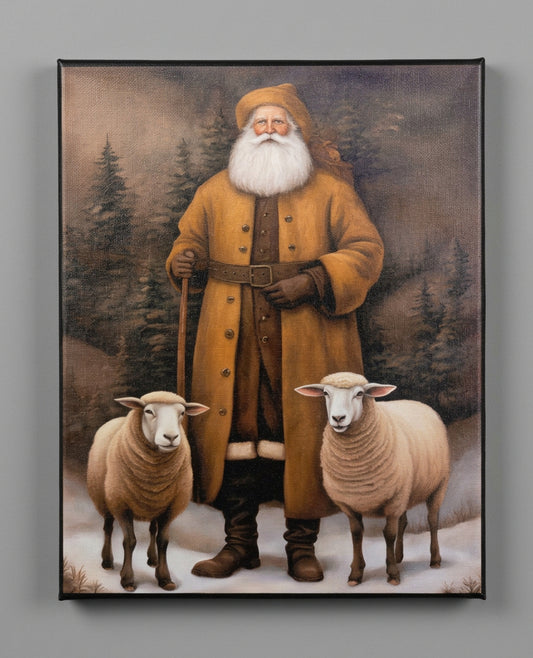 Framed artwork of a man in a coat with two sheep on a wooden surface
