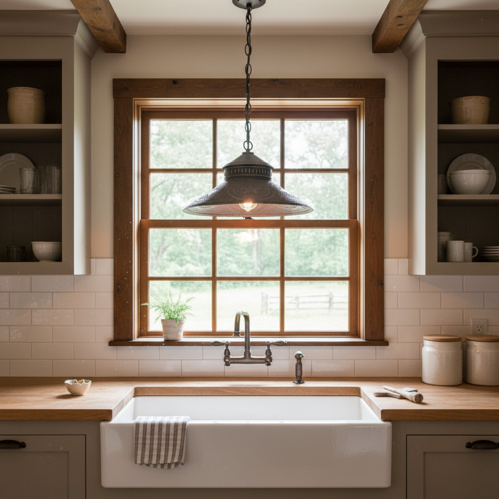 Modern kitchen with a large window, wooden countertops, and a farmhouse sink.