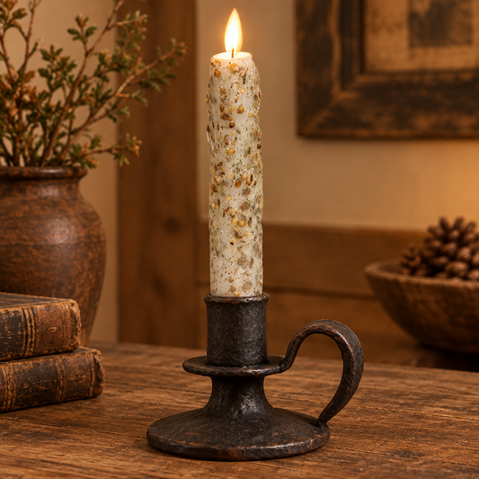 A rustic black metal candle holder with a curved handle, holding a lit cream-colored candle with gold flecks, set on a wooden table in a warm, cozy room.