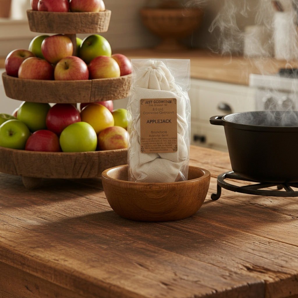 Wooden tiered fruit stand with apples, a bowl of white powder, and a pot on a wooden surface.
