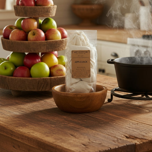 Wooden tiered fruit stand with apples, a bowl of white powder, and a pot on a wooden surface.