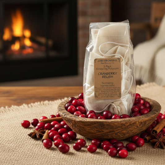 Packaged cranberry relish in a wooden bowl with cranberries on a table in front of a fireplace.