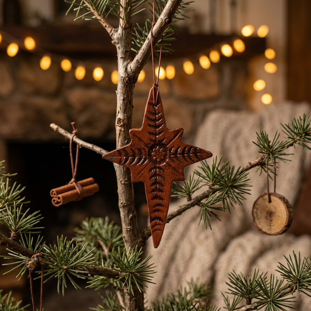 Handcrafted redware Christmas ornament with a simple snowflake design.