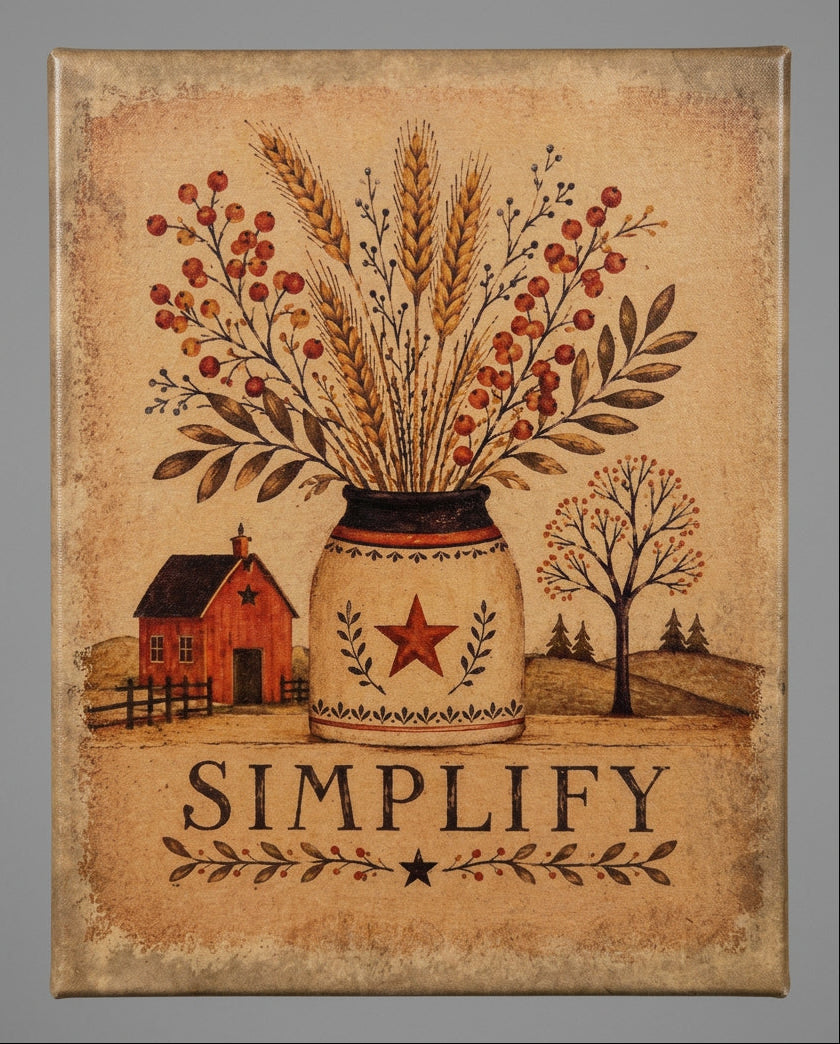 Rustic canvas print with ‘SIMPLIFY’ beneath a star-decorated crock filled with wheat and berry branches, beside a red farmhouse and tree.