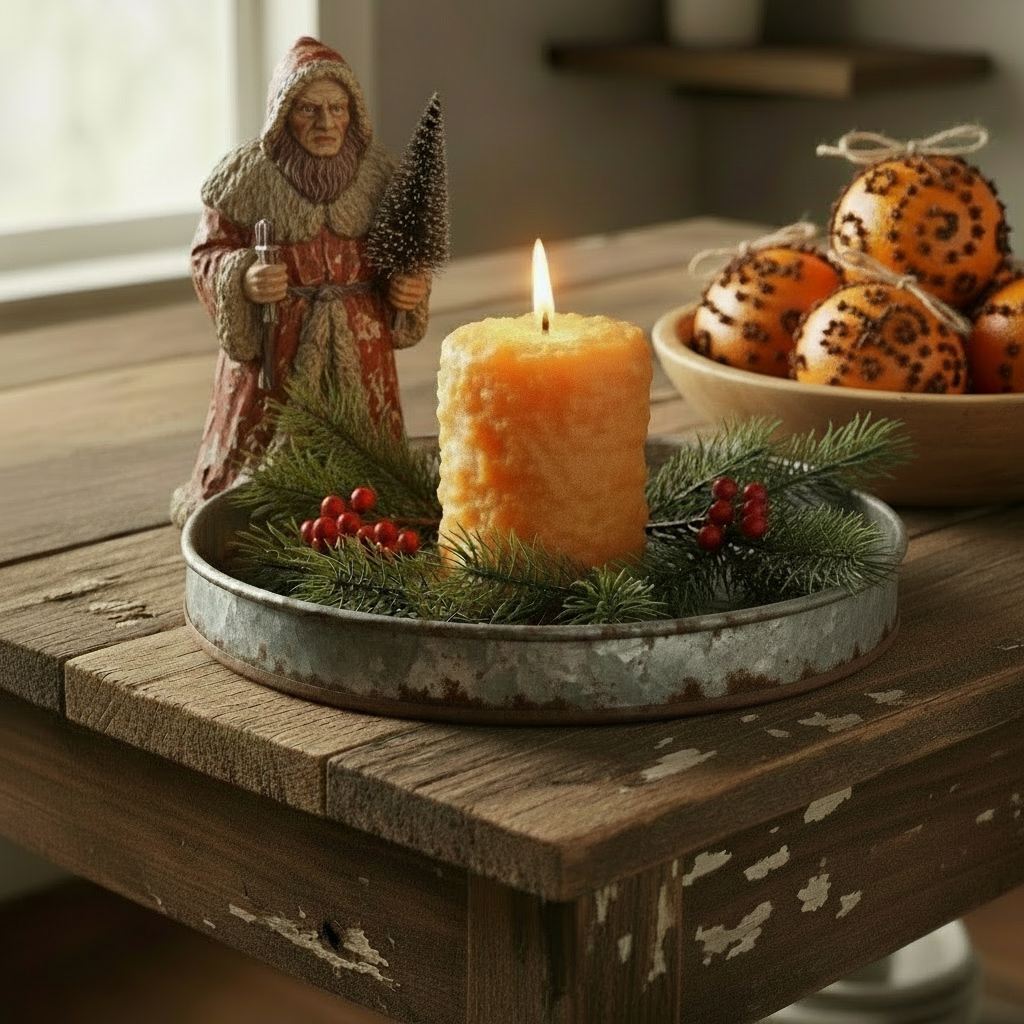 Candle on a wooden table with greenery and berries