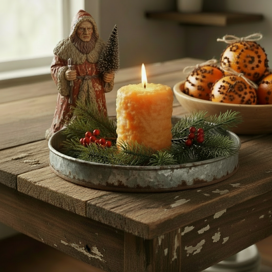 Candle on a wooden table with greenery and berries