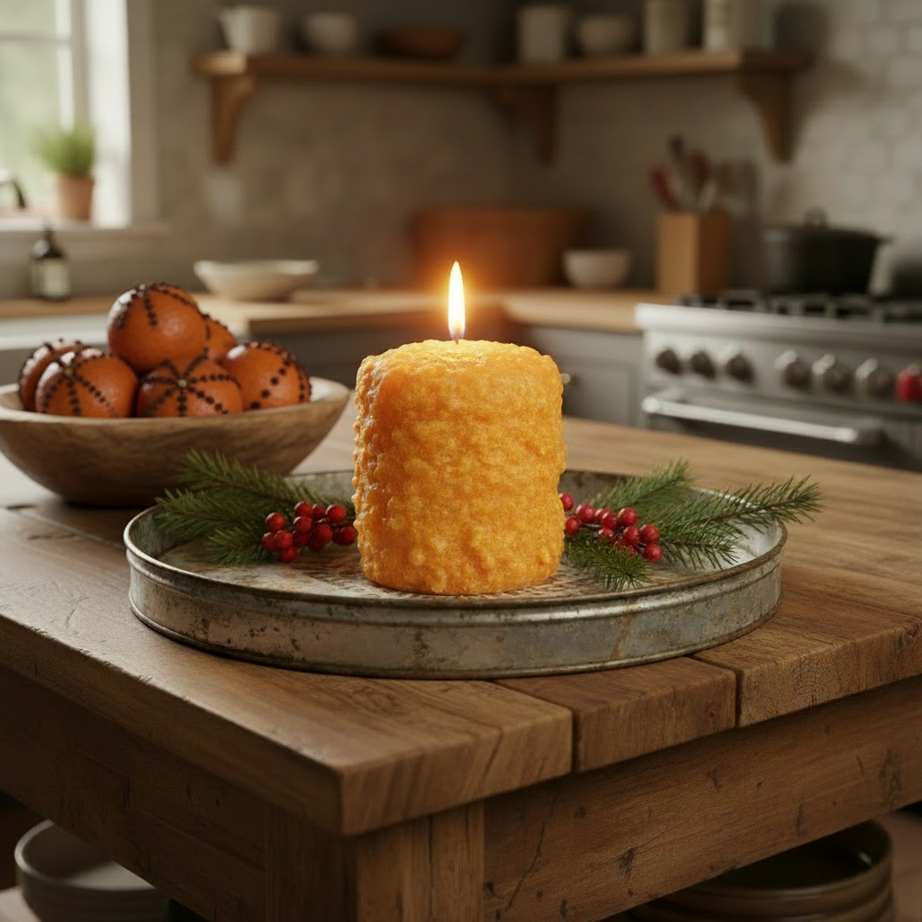 Yellow candle on a wooden table with a kitchen background
